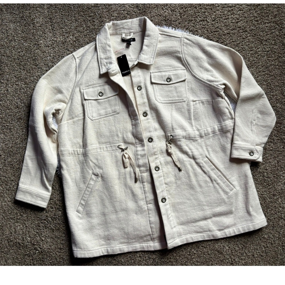 Torrid Cream Cotton Long Sleeve Shacket Button Front Utility Jacket 2 2X 18-20